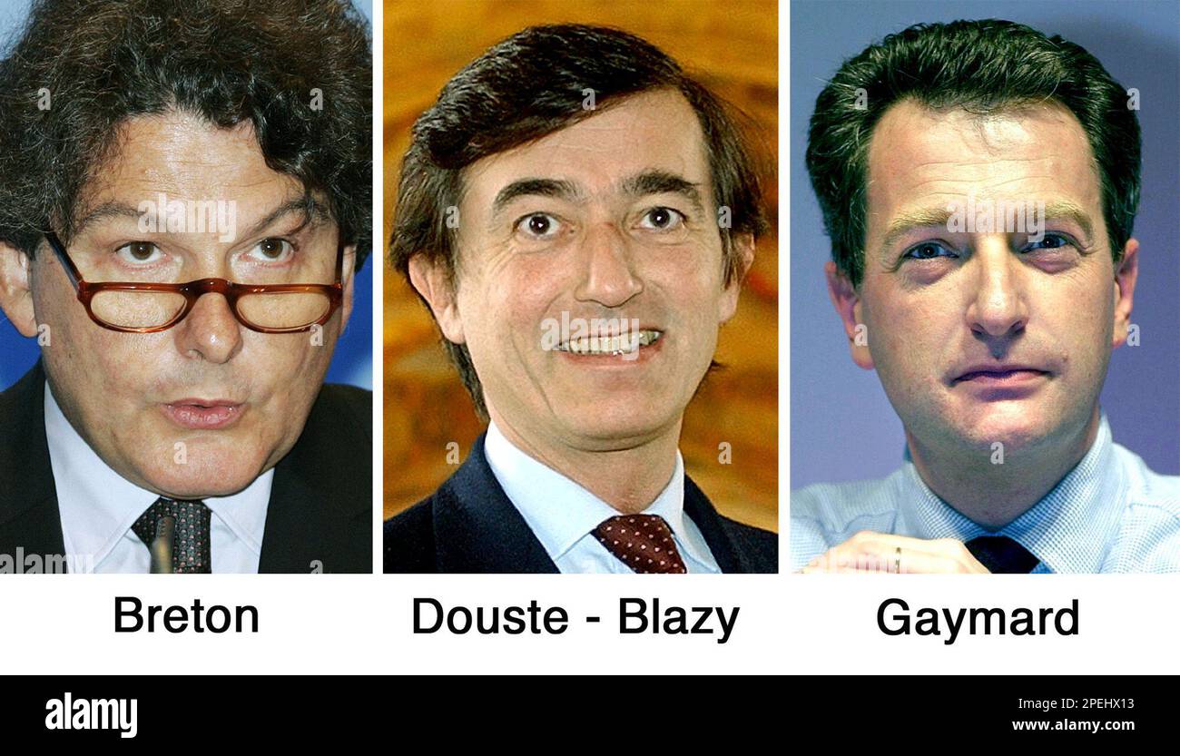 France Telecom chairman Thierry Breton, left, Health Minister Philippe Douste-Blazy, center, and Agriculture Minister Herve Gaymard are seen in this composite of file photos. The three are among those tipped to replace French Finance minister Nicolas Sarkozy when he takes over leadership of President Jacques Chirac's Union for a Popular Movement Party (UMP) on Sunday Nov. 28, 2004. (AP Photo) Banque D'Images