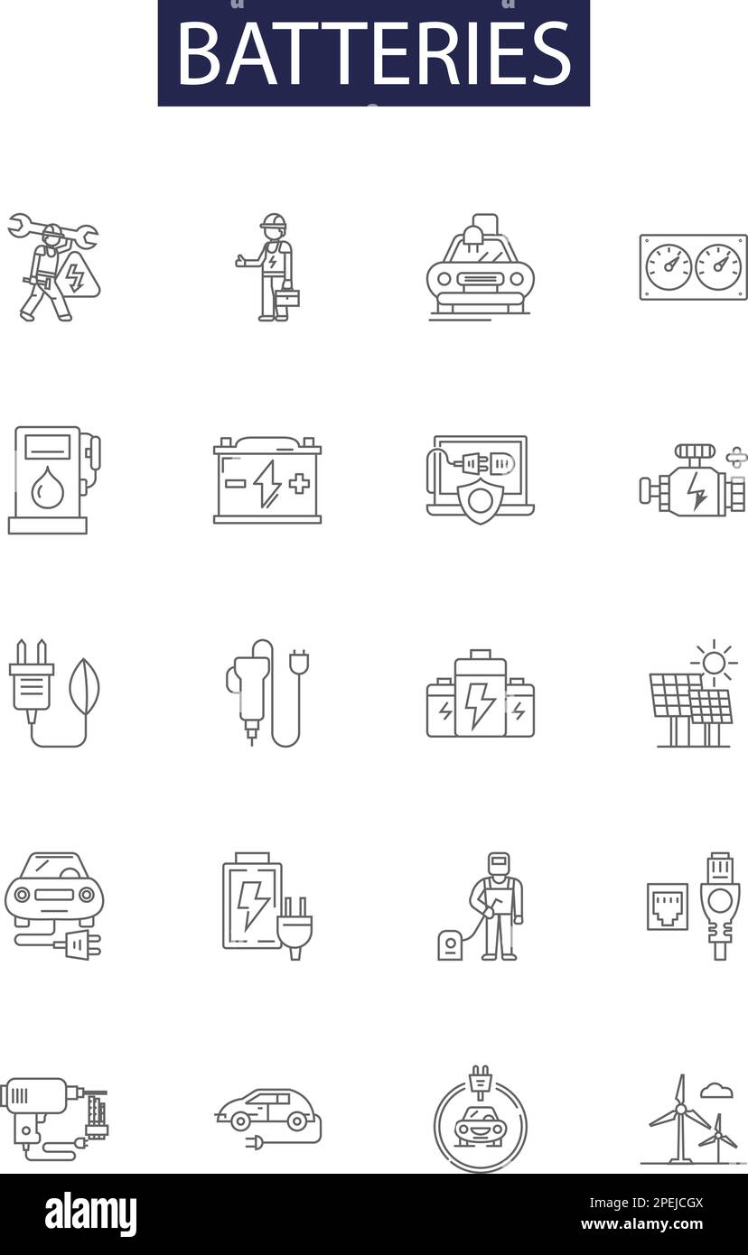 Symboles et signes vectoriels de la gamme de batteries. Chargeur, alimentation, rechargeable, chargement, lithium, Jeu d'illustrations vectorielles plomb-acide, primaire, secondaire Illustration de Vecteur