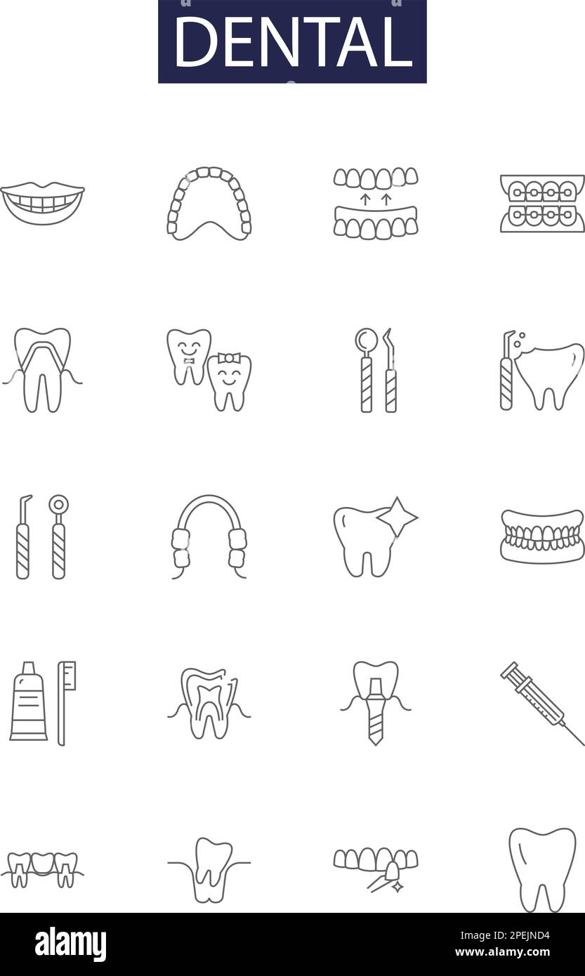 Icônes et signes de vecteur de ligne dentaire. Cavité, brossage, soie dentaire, orthodontique, couronnes, Jeu d'illustrations vectorielles Tartar, Venniering, Hygiene Outline Illustration de Vecteur