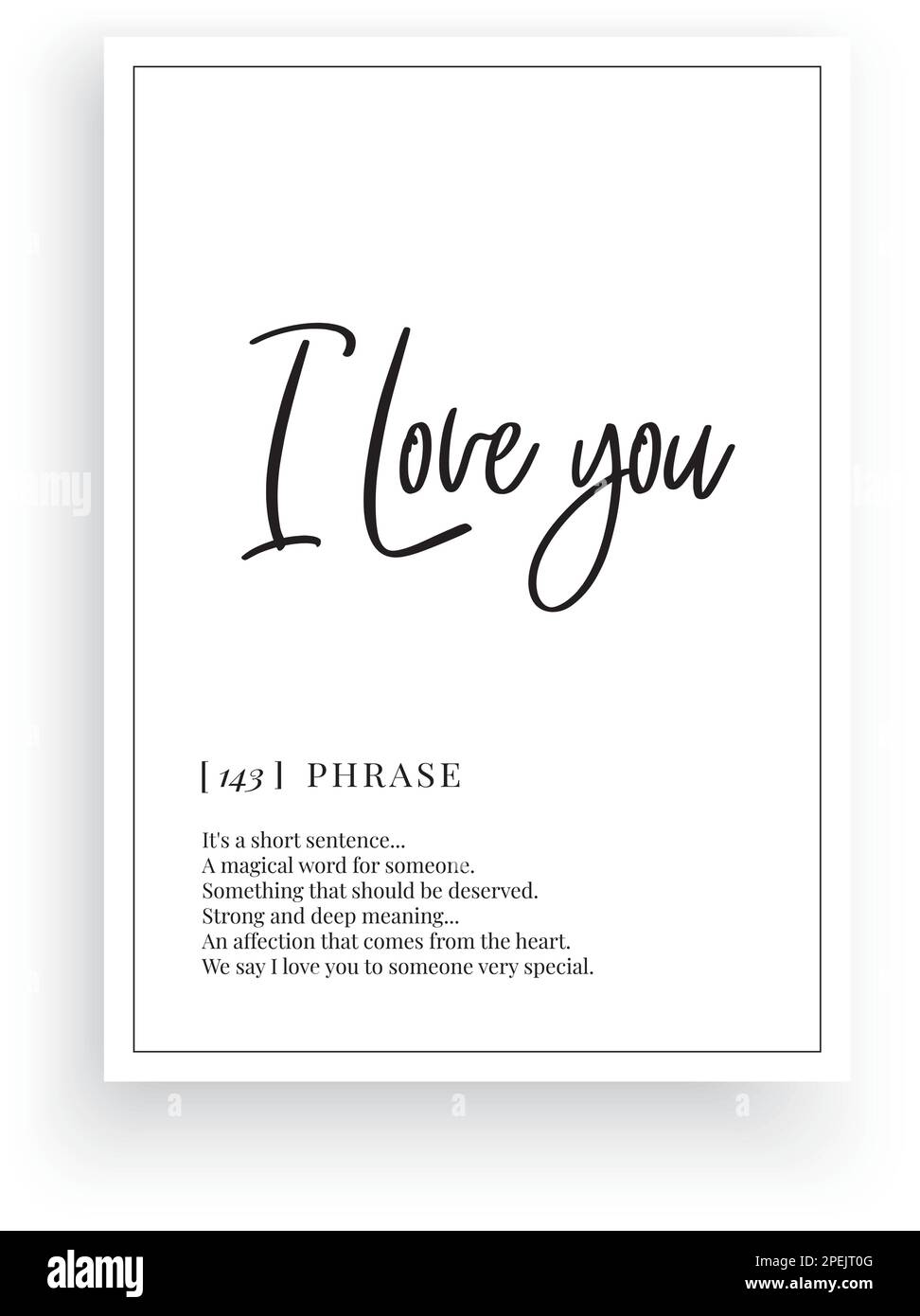 Je t'aime définition, vecteur. Design poster minimaliste. Autocollants muraux, description du nom. Libellé Design isolé sur fond blanc. Œuvres d'art murales. Illustration de Vecteur