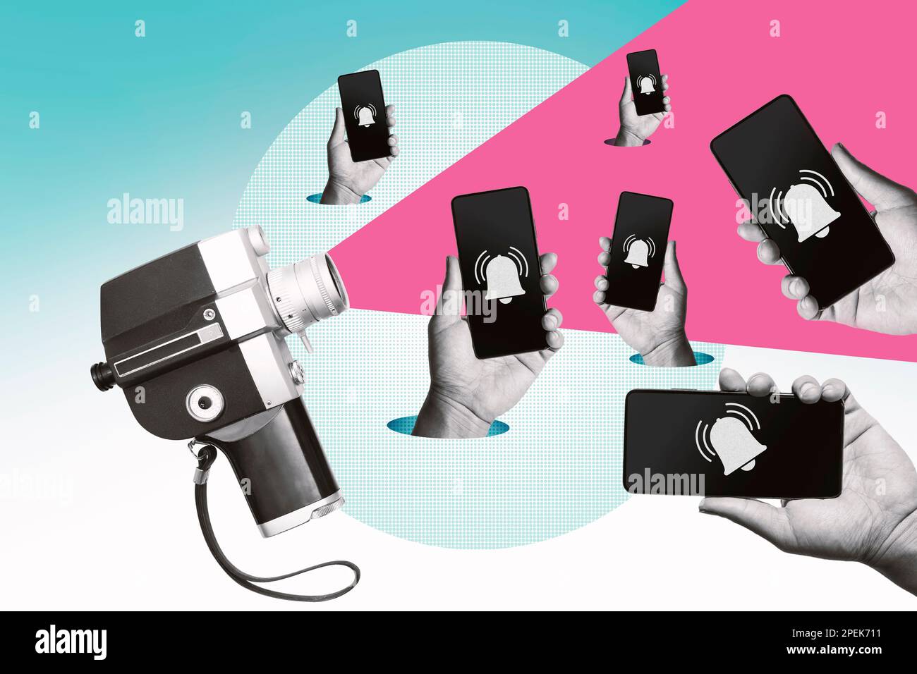 Avis de Bell sur un téléphone mobile pour regarder des médias numériques. Ou diffusion en direct.Collage artistique abstrait. Banque D'Images