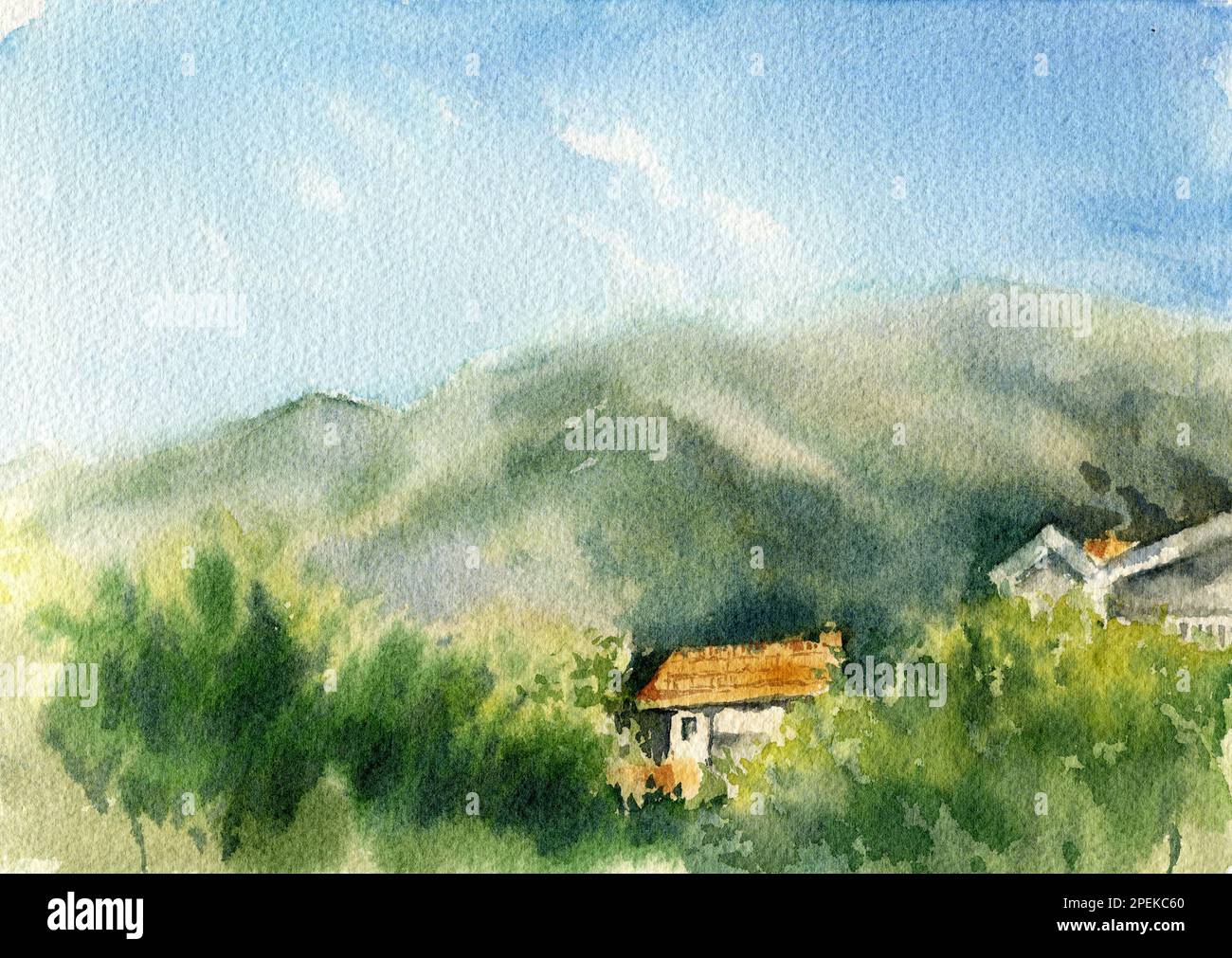 Vue aquarelle de la ville du monténégro en montagne, ciel bleu et toit au gingembre, illustration dessinée à la main Banque D'Images