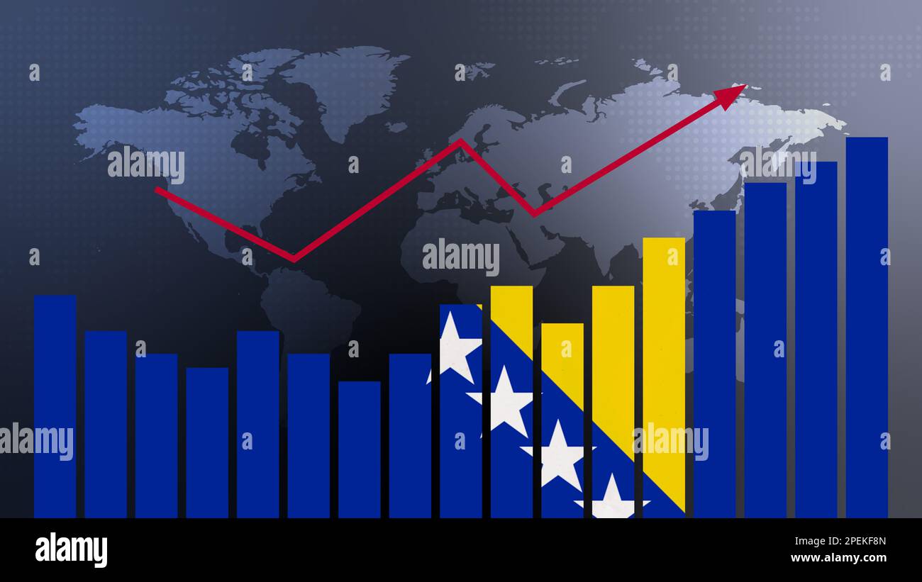 Graphique à barres de Bosnie-Herzégovine avec des hauts et des bas, des valeurs croissantes, le concept de reprise économique et d'amélioration des affaires, la réouverture des entreprises, Banque D'Images