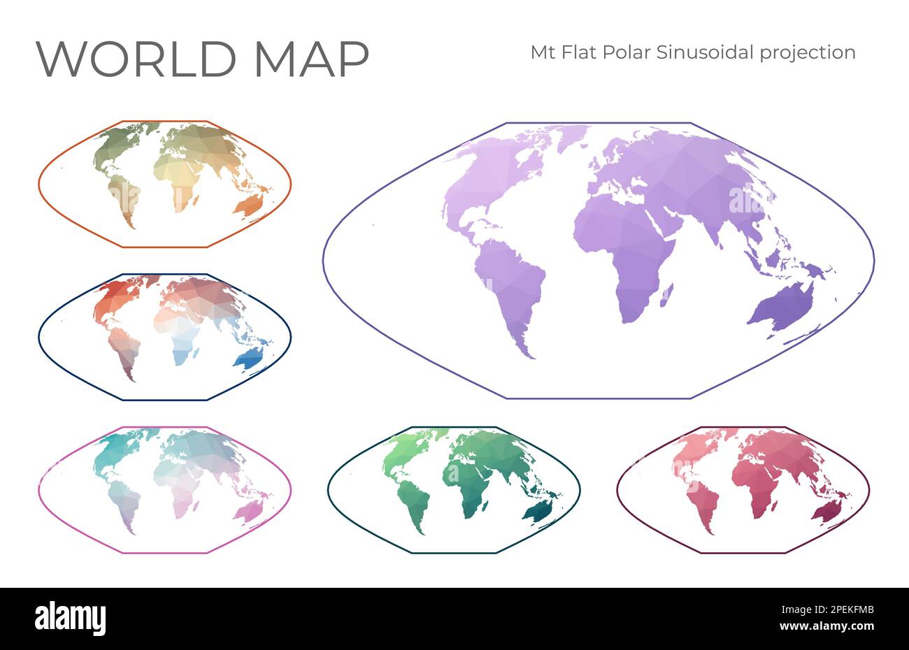 Jeu de cartes à faible Poly World. McBryde-Thomas projection à surface égale sinusoïdale polaire plate. Collection de cartes du monde en style géométrique. Illustration vectorielle Illustration de Vecteur