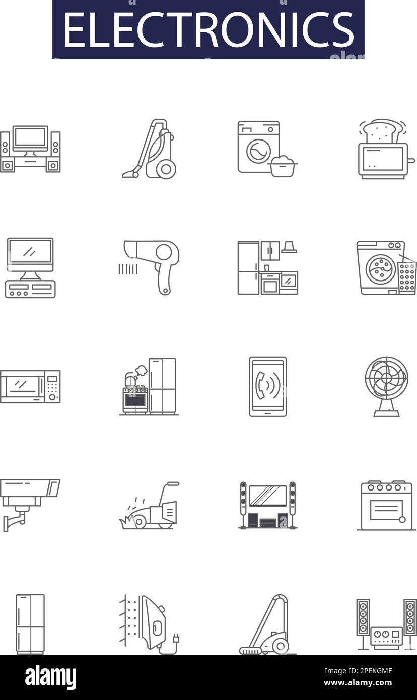 Icônes et signes vectoriels de ligne électronique. Ingénierie électronique, circuit, microcontrôleur, transistor, cellules solaires, condensateurs, résistances, processeur Illustration de Vecteur