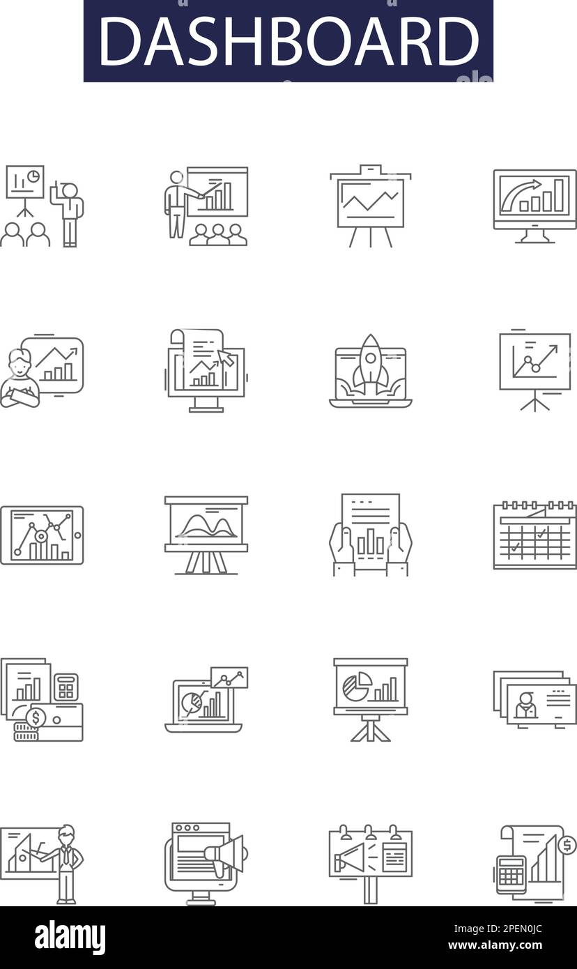 Icônes et signes vectoriels de ligne du tableau de bord. Commande, moniteur, panneau, jauge, écran, Metrics, View, Access Outline vector Illustration Set Illustration de Vecteur