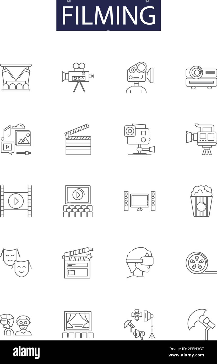 Icônes et signes du vecteur de ligne de reprographie. Enregistrement, enregistrement, enregistrement vidéo, cinématographie, tournage, Direction, production, illustration vectorielle de la caméra Illustration de Vecteur