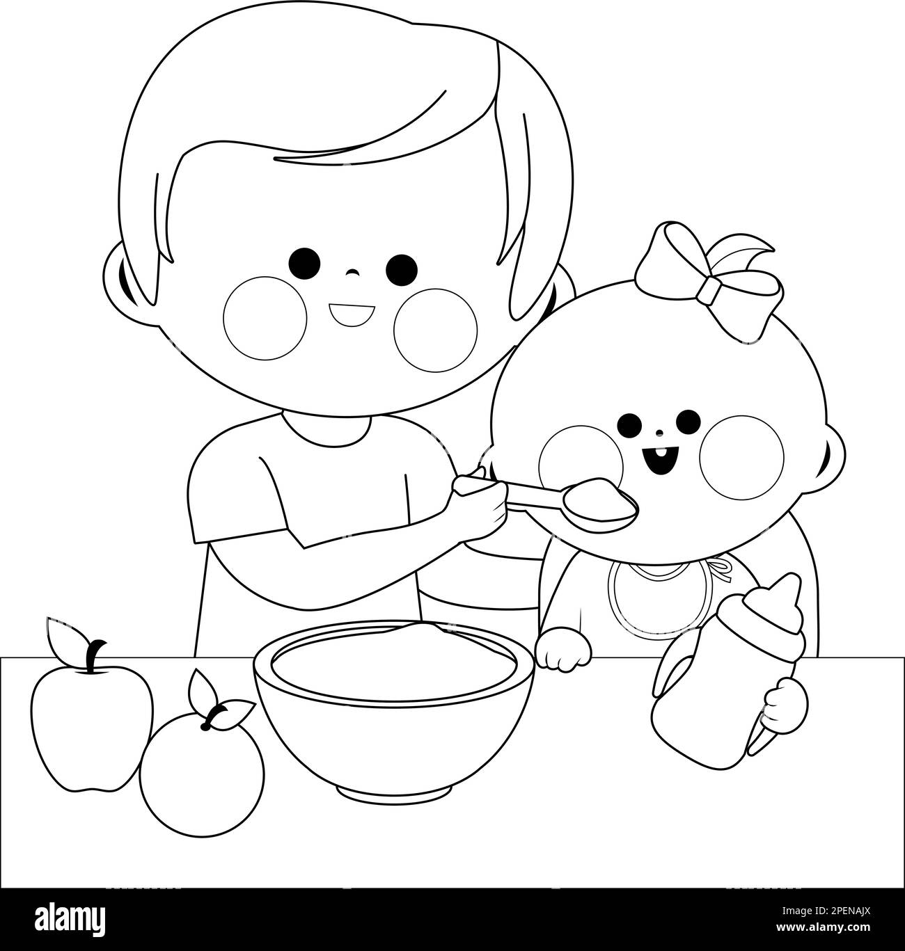 Père nourrissant son bébé d'un bol de céréales et de fruits. Page de couleur noire et blanche vectorielle Illustration de Vecteur