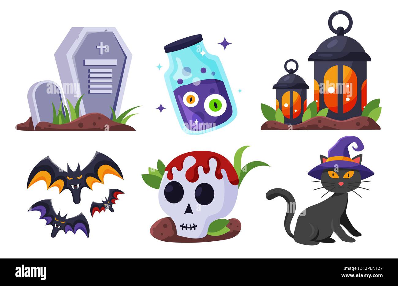 Ensemble de vecteurs d'Halloween avec pierre tombale, lanterne, chauves-souris, crâne et chat noir. Élément de conception pour le concept de vacances traditionnelles et culturelles. Banque D'Images