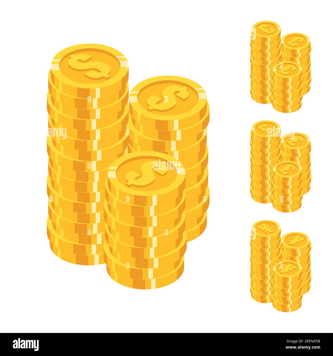 Ensemble de pièces de monnaie isométriques en or avec le signe des principales devises mondiales dans le style plat Illustration de Vecteur