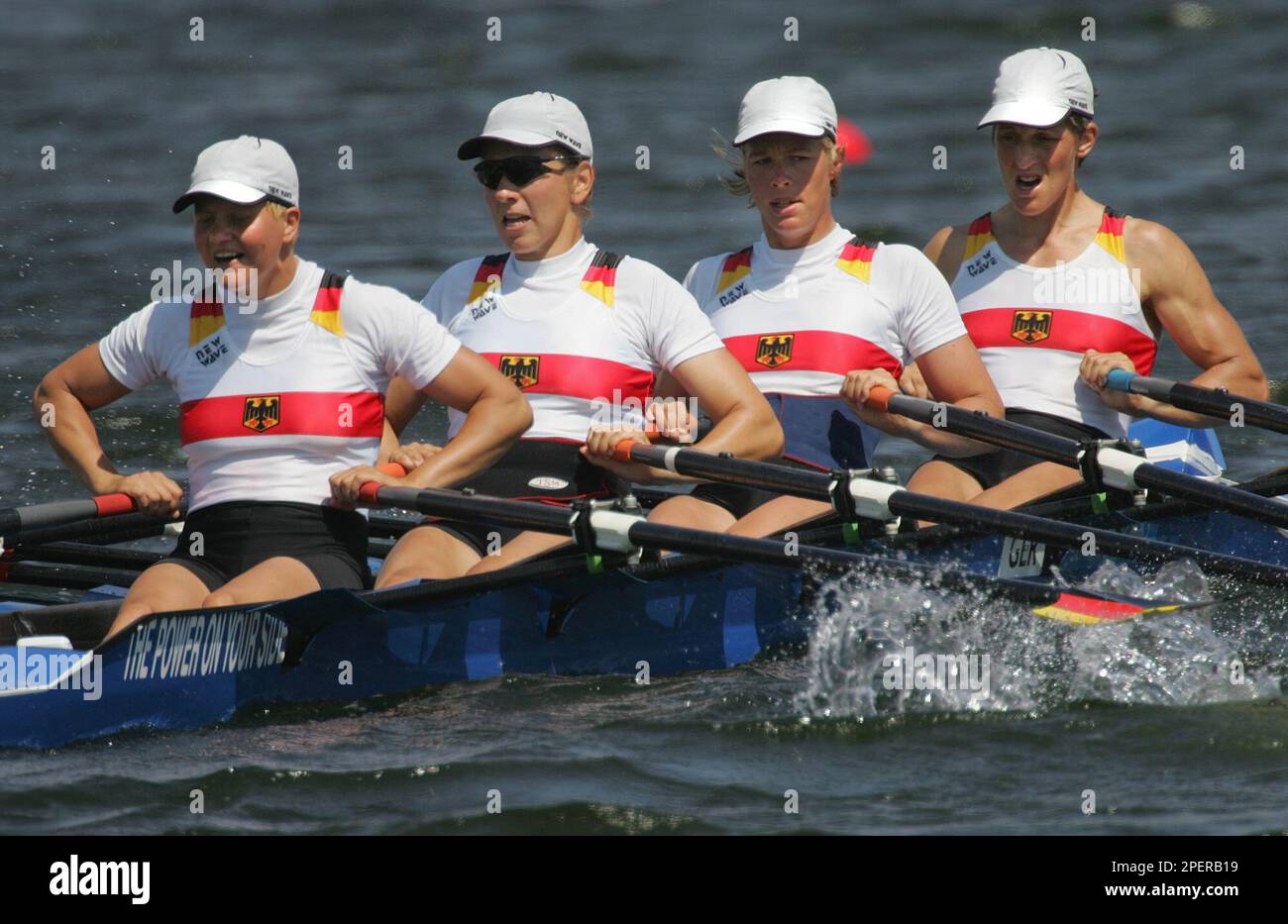 Germany's Kerstin El Qaliqili, Manuela Lutze, Meike Evers and Kathrin Boron (left to right) train for the Women's Quad Sculls event at the 2004 Olympics Games at the Schinias Rowing & Canoeing Center in Schinias near Athens, Greece, Tuesday, Aug. 17, 2004. (AP Photo/Armando Franca) Banque D'Images