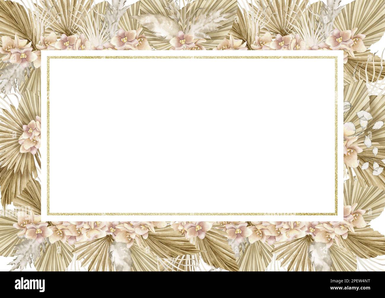 Aquarelle horizontale rectangulaire cadre avec feuilles de palmier séchées et fleurs d'orchidées de style Boho. Illustration dessinée à la main. Modèle pour cartes de vœux ou invitations. Bordure de Bohème dans des tons pastel. Banque D'Images