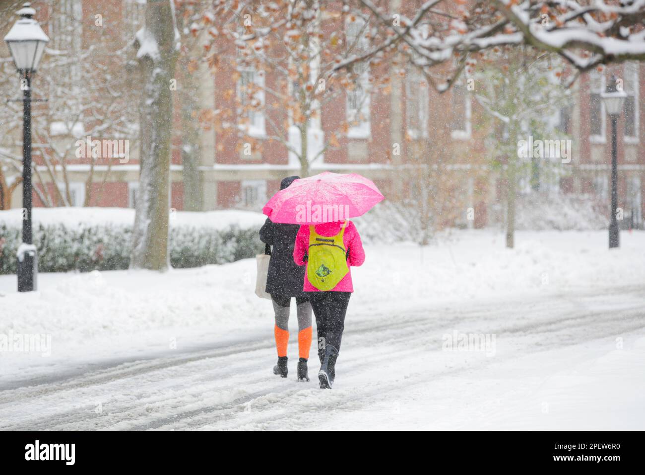 Des étudiants marchant dans une tempête de neige et tenant un parapluie sur un campus universitaire Banque D'Images