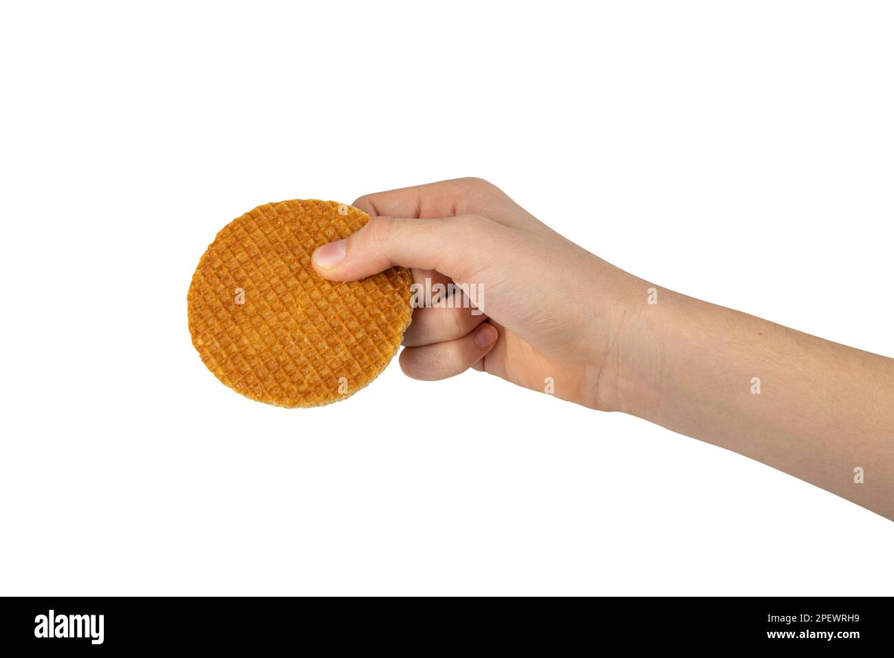 Gaufres hollandaises, biscuits Stroopwafel brisés, gaufres au caramel, biscuit au caramel fin, gaufres hollandaises sur fond blanc Banque D'Images