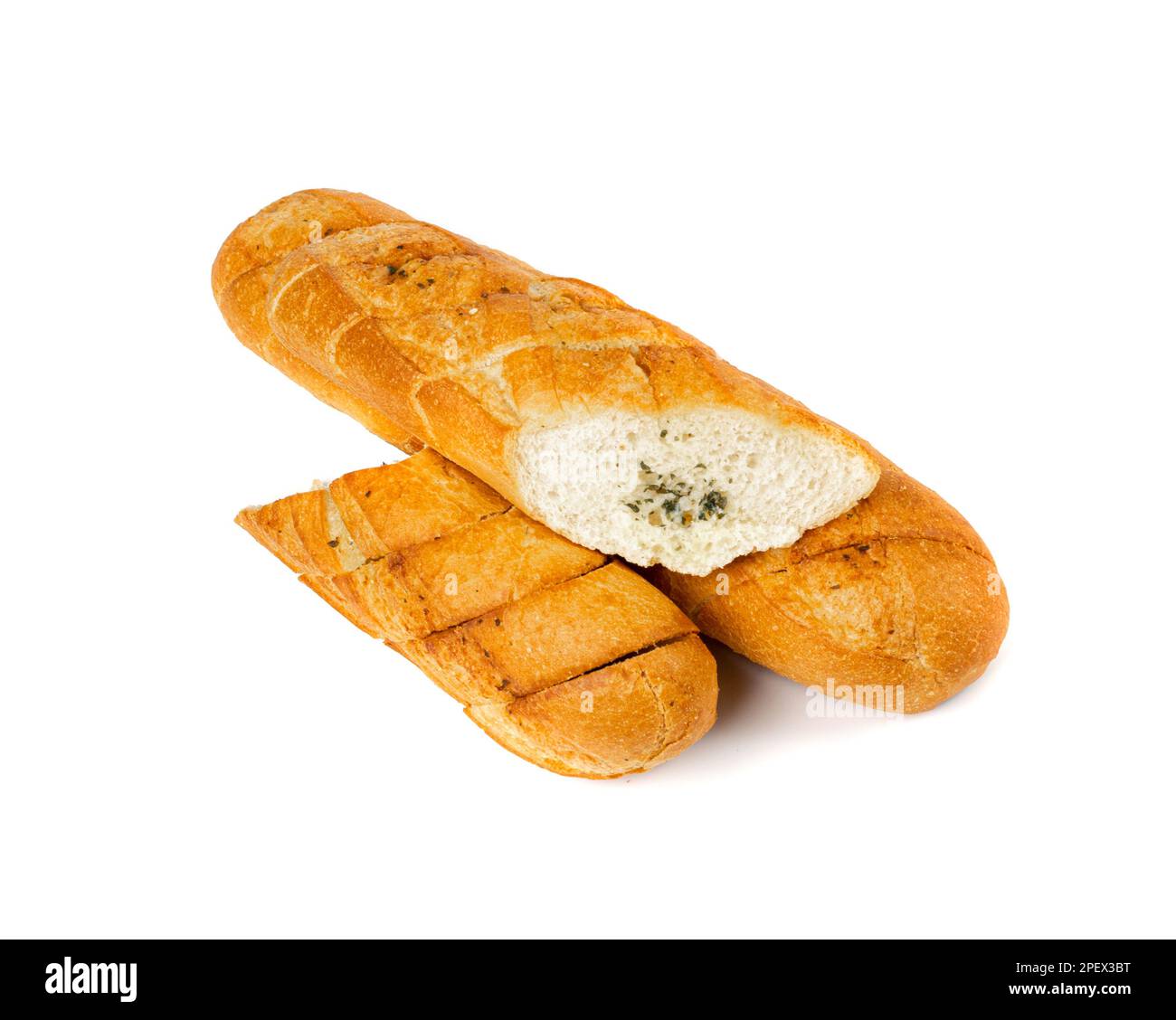 Baguette au beurre à l'ail et aux herbes aromatiques isolées, pain à l'ail sur fond blanc, vue du dessus Photographie alimentaire Banque D'Images