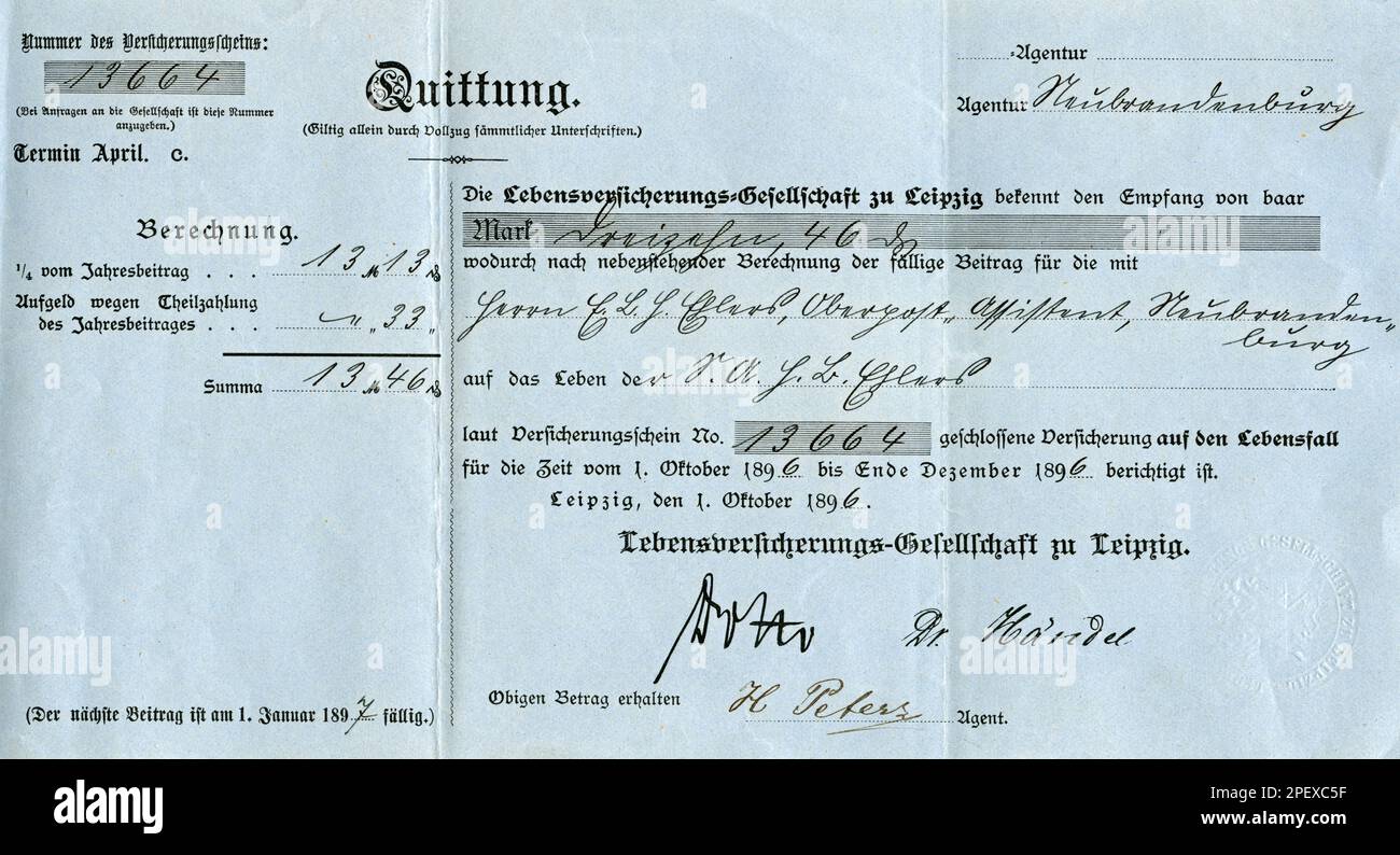 Europa, Deutschland, Leipzig, Quittung über die Einzahlung der Jahresprämie für die Lebensversicherung , Lebensversicherungs-Gesellschaft zu Leipzig , Vertretung in Neubrandenburg, 1896, Versicherungsnehmer E.B.H. Ehlers, adjoint Obergast, Neubrandenburg. , Rechte werden nicht vertreten . / Europe, Allemagne, Leipzig, reçu pour le paiement de la prime d'assurance , compagnie d'assurance Leipzig, agent à Neubrandenburg, titulaire de police E.B.H. Ehlers, Neubrandenburg, 1896, il n'y a pas de droits . Banque D'Images