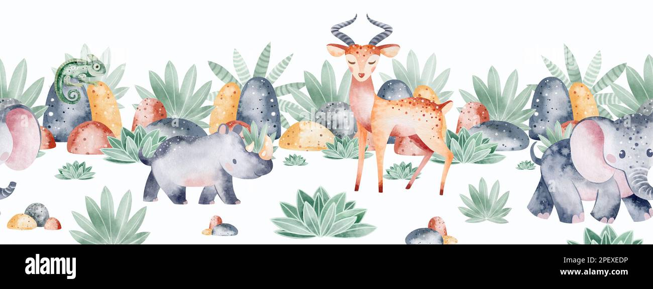 Bordure sans couture aquarelle des animaux de la savane africaine. Illustration d'un animal pour enfants. Décoration murale. Banque D'Images