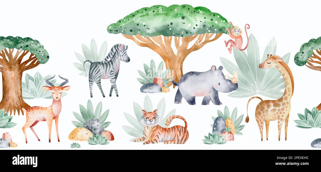 Bordure sans couture aquarelle des animaux de la savane africaine. Illustration d'un animal pour enfants. Décoration murale. Banque D'Images