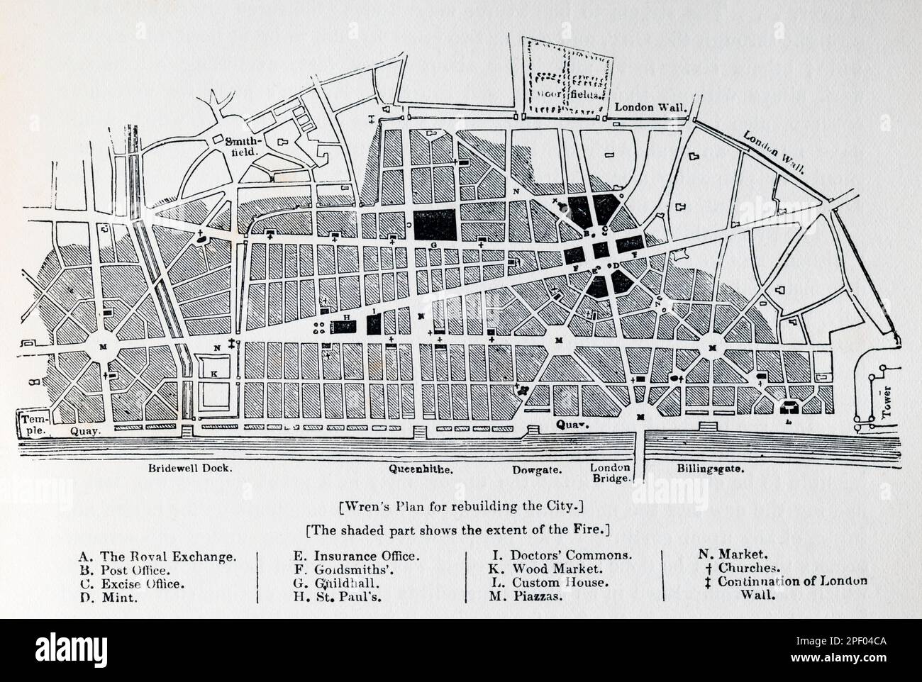 Gravure au 19th siècle du plan de Wren pour la reconstruction de la ville après le Grand incendie. Banque D'Images