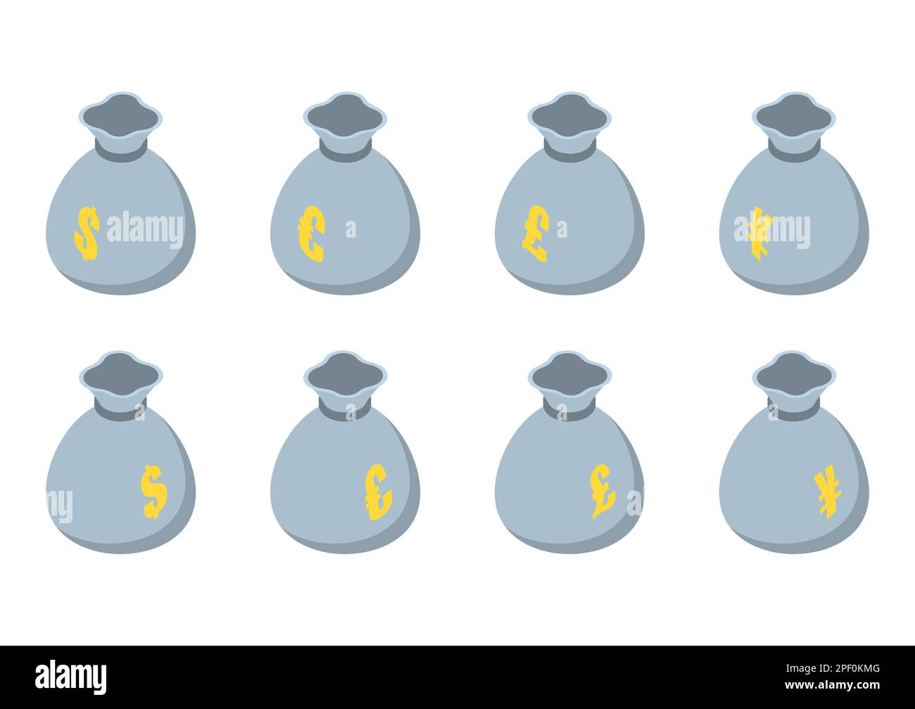 Ensemble de sacs de monnaie isométriques avec cordons de serrage et enseignes de monnaie principales dans différents angles dans le style plat Illustration de Vecteur