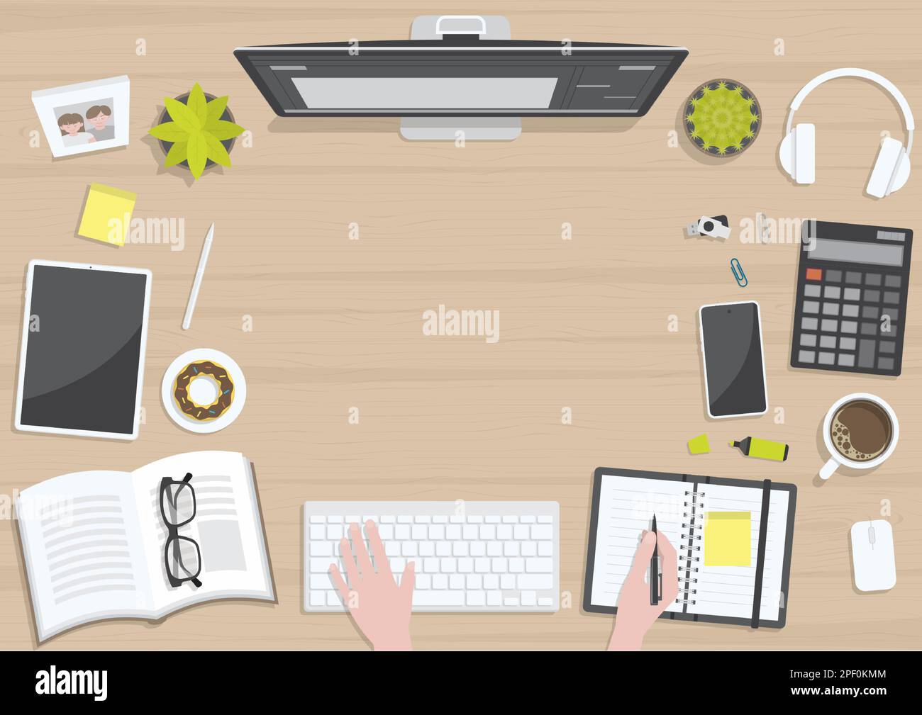 Mains travaillant sur une table texturée en bois depuis la vue de dessus avec un moniteur d'ordinateur, un clavier et des dispositifs de travail Illustration de Vecteur