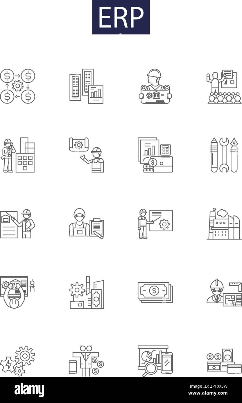 Icônes et signes de vecteur de ligne ERP. Ressource, planification, module, système, logiciel, Fabrication, automatisation, jeu d'illustrations vectorielles CRM Illustration de Vecteur