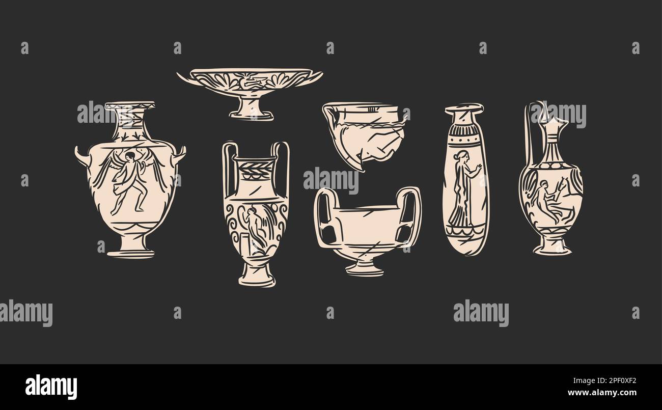 Dessin à la main vecteur résumé contour, graphique, art contemporain grec antique sculpture ols vase ligne moderne ensemble de dessin.Antique classique ancien vase dans Illustration de Vecteur