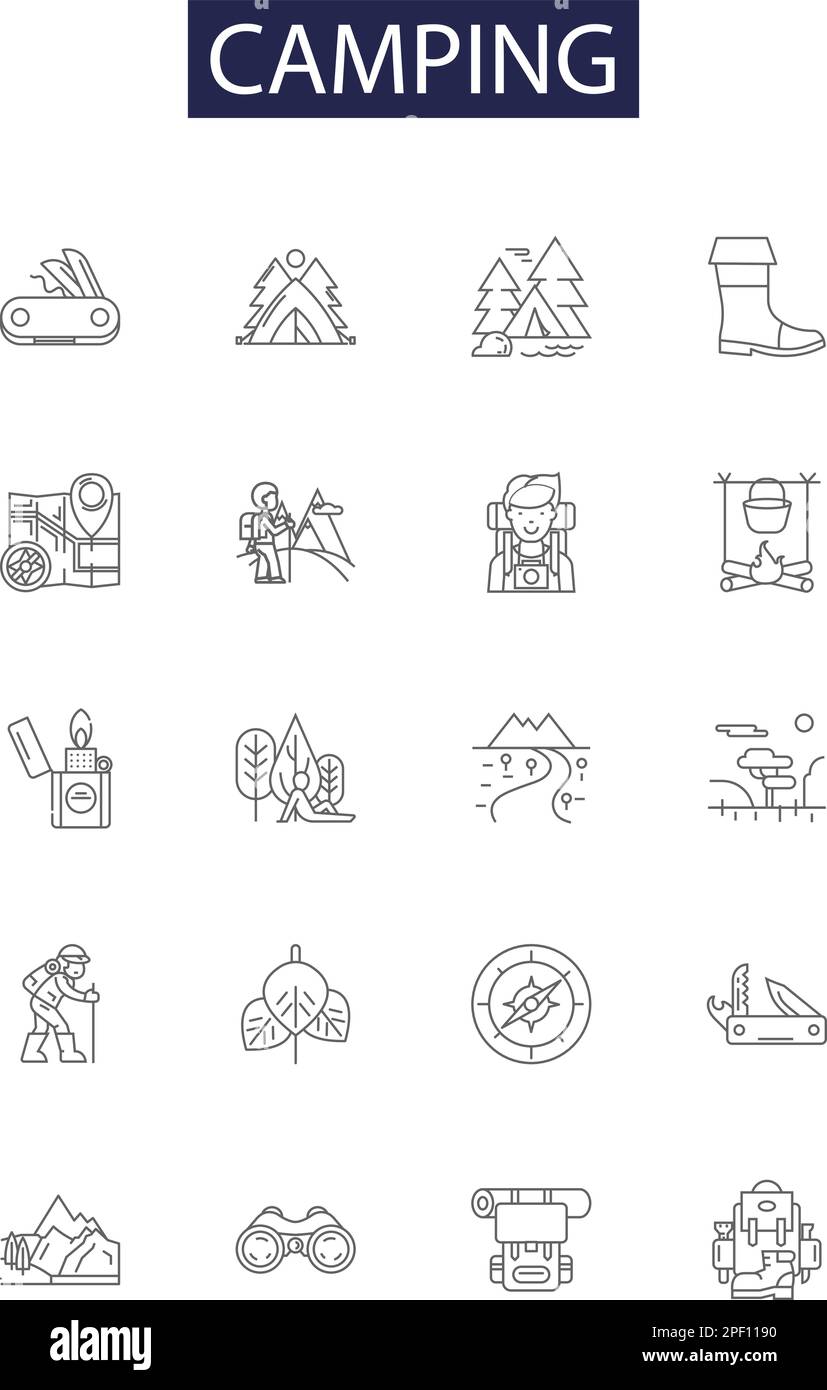 Les icônes et les signes vectoriels de la ligne de camping. Backpacking, Tenting, Campfire, pitching, canoë-kayak, Kayak, Bushcraft, Outdoor Outline vector illustration set Illustration de Vecteur
