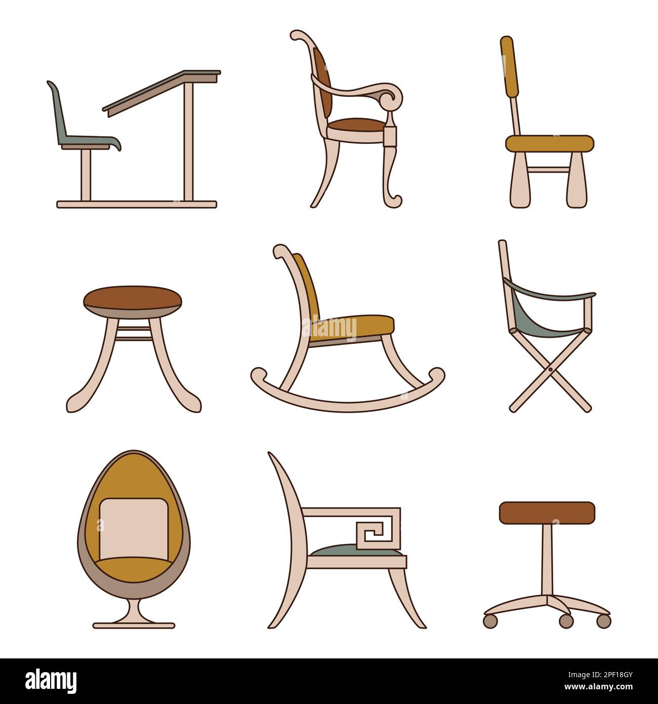 Ensemble de lignes icônes chaises. Différents types de fauteuils et de meubles. Couleur beige des éléments intérieurs isolés sur un fond blanc. Ordinateur, enfants, c Illustration de Vecteur