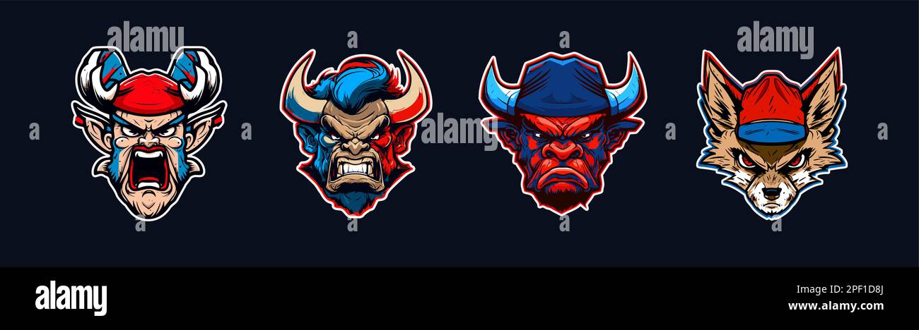 Collection de têtes d'animaux de dessin animé, logo sport rouge et bleu avec contour blanc. Visage en colère de buffles, de taureaux, de cerfs et de coyotes. Équipe sportive Illustration de Vecteur