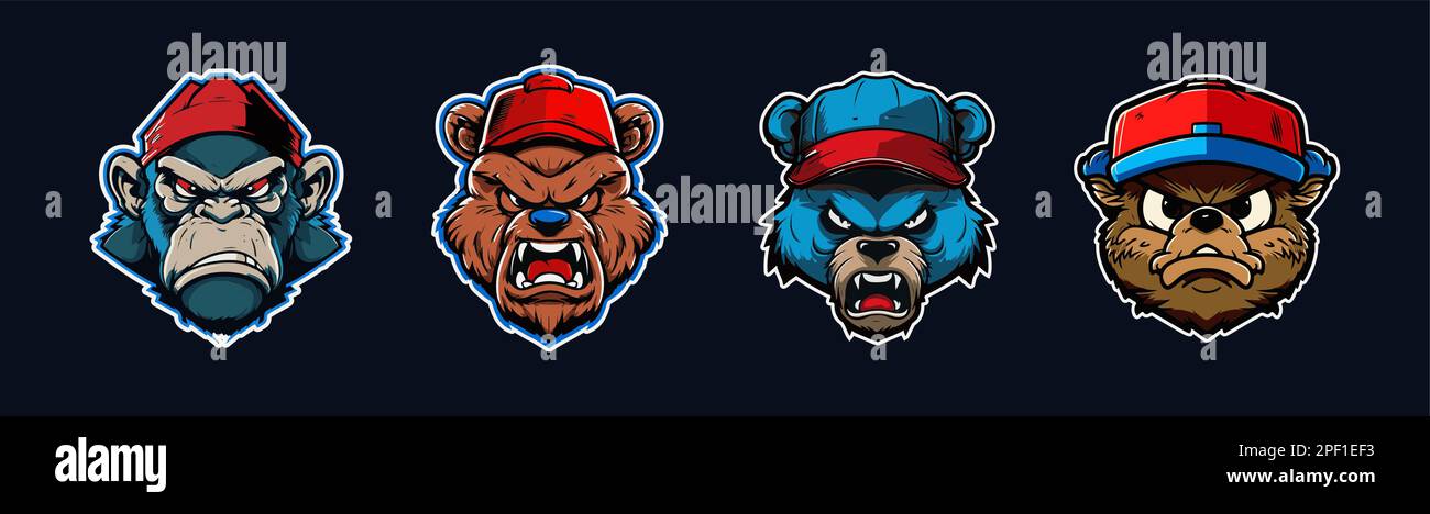 Collection de têtes d'animaux de dessin animé, logo sport rouge et bleu avec contour blanc. Visage en colère de gorilles, grizzlis, ours et castors. Équipe sportive Illustration de Vecteur