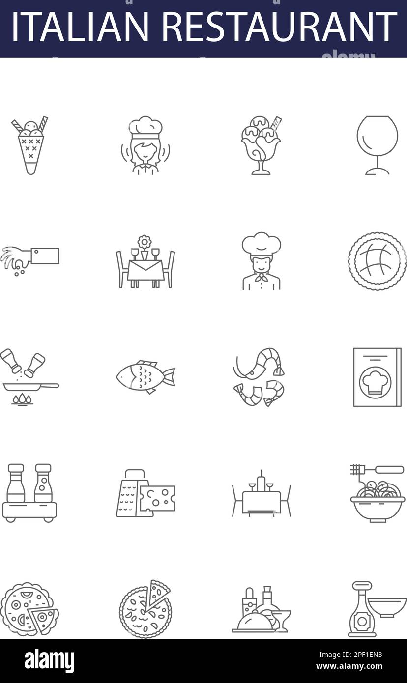 Symboles et panneaux vectoriels italiens de la ligne de restaurant. Pizza, risotto, Tiramisu, Caprese, salami, Jeu d'illustrations vectorielles biscotti, parmesan, ravioli Illustration de Vecteur
