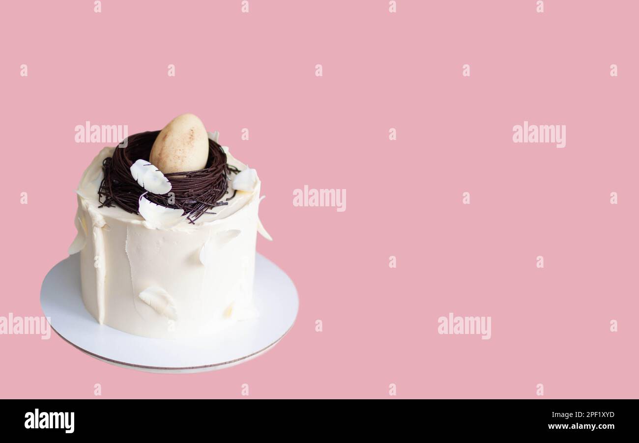 Gâteau de pâques élégant décoré avec un nid d'oiseau en chocolat, un œuf et des plumes. Arrière-plan rose avec espace de copie. Orientation horizontale Banque D'Images