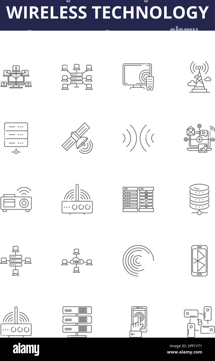 Icônes et signes vectoriels de ligne de technologie sans fil. Technologie, radio, GSM, Wi-Fi, Bluetooth, Illustration vectorielle par satellite, micro-ondes et infrarouge Illustration de Vecteur