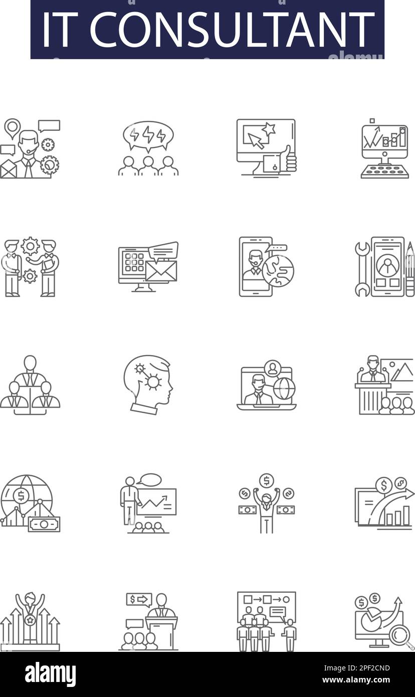 Icônes et signes vectoriels de ligne de consultant en informatique. INFORMATIQUE, Conseil, Professionnel, Services, Solutions, Analyse, implémentation, vecteur de contour de migration Illustration de Vecteur