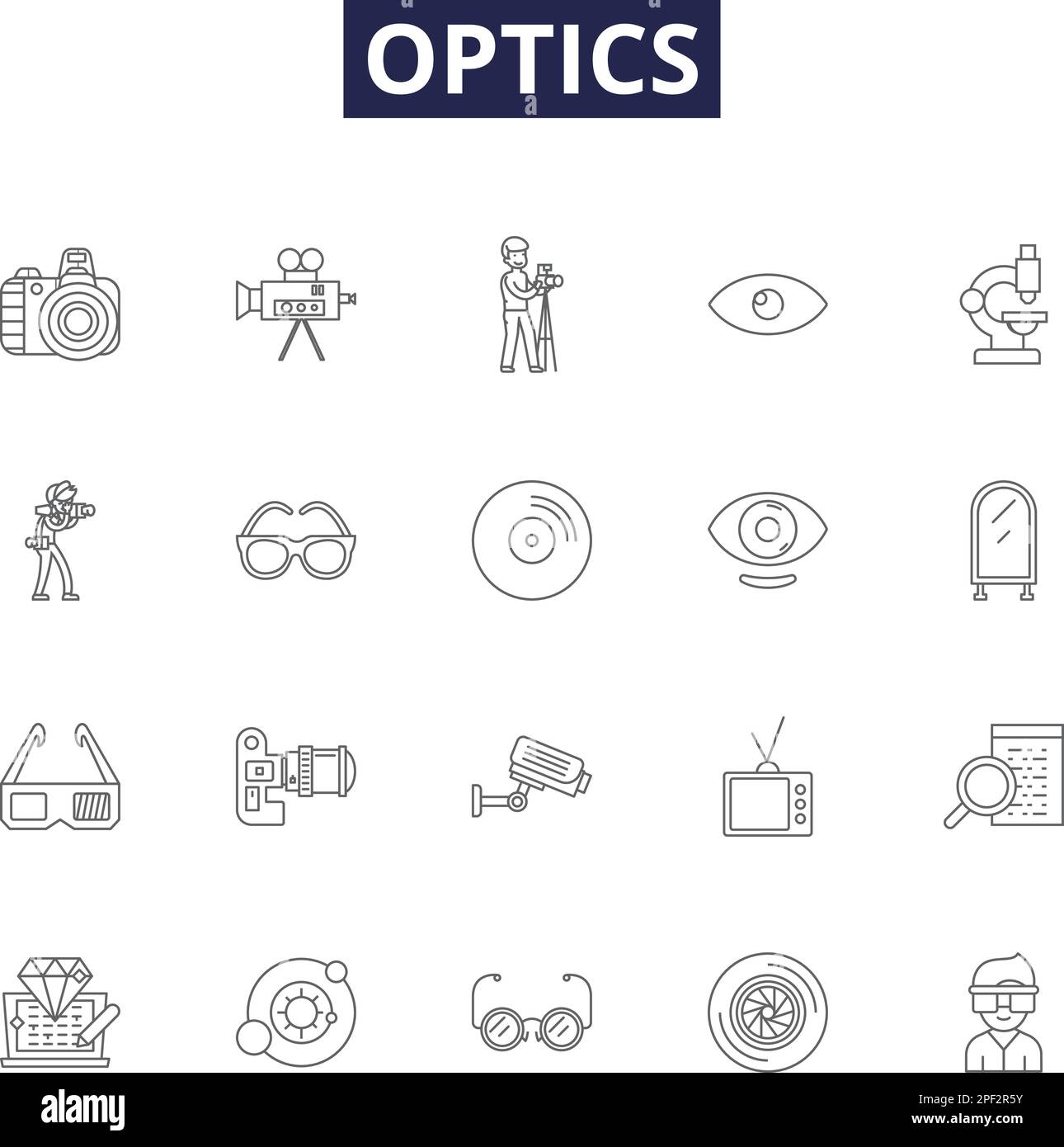Icônes et signes du vecteur de ligne optique. Lumière, réflexion, réfraction, prisme, lunettes, Ensemble d'illustrations vectorielles pour jumelles, télescopes et optiques Illustration de Vecteur