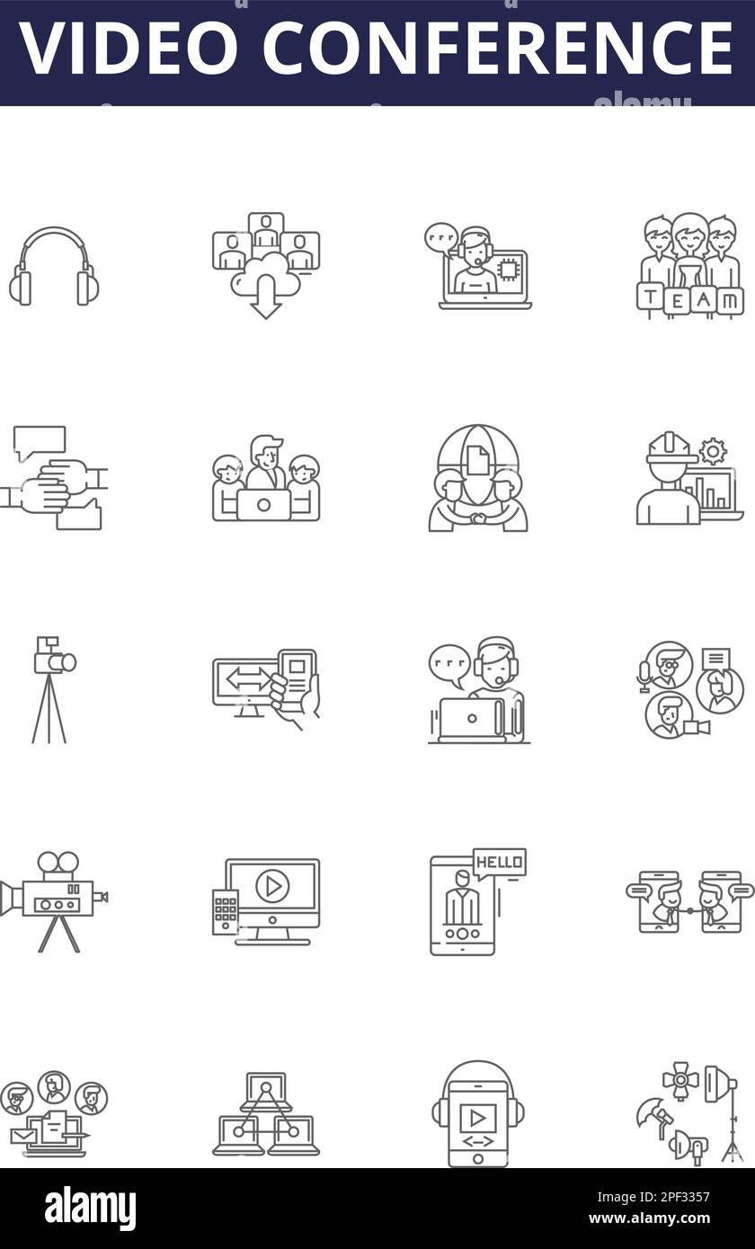 Icônes et signes vectoriels de ligne de vidéoconférence. Vidéoconférence, Zoom, Skype, FaceTime, Webex, Microsoft Teams, webinar, Hangouts Outline vector Illustration de Vecteur