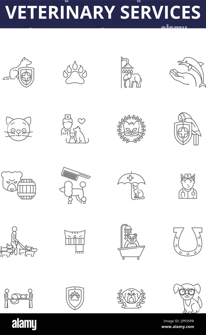 Icônes et signes vectoriels de ligne de services vétérinaires. Vétérinaire, soins, clinique, Services, traitements, Bien-être, chirurgie, vecteur de contour d'urgence Illustration de Vecteur