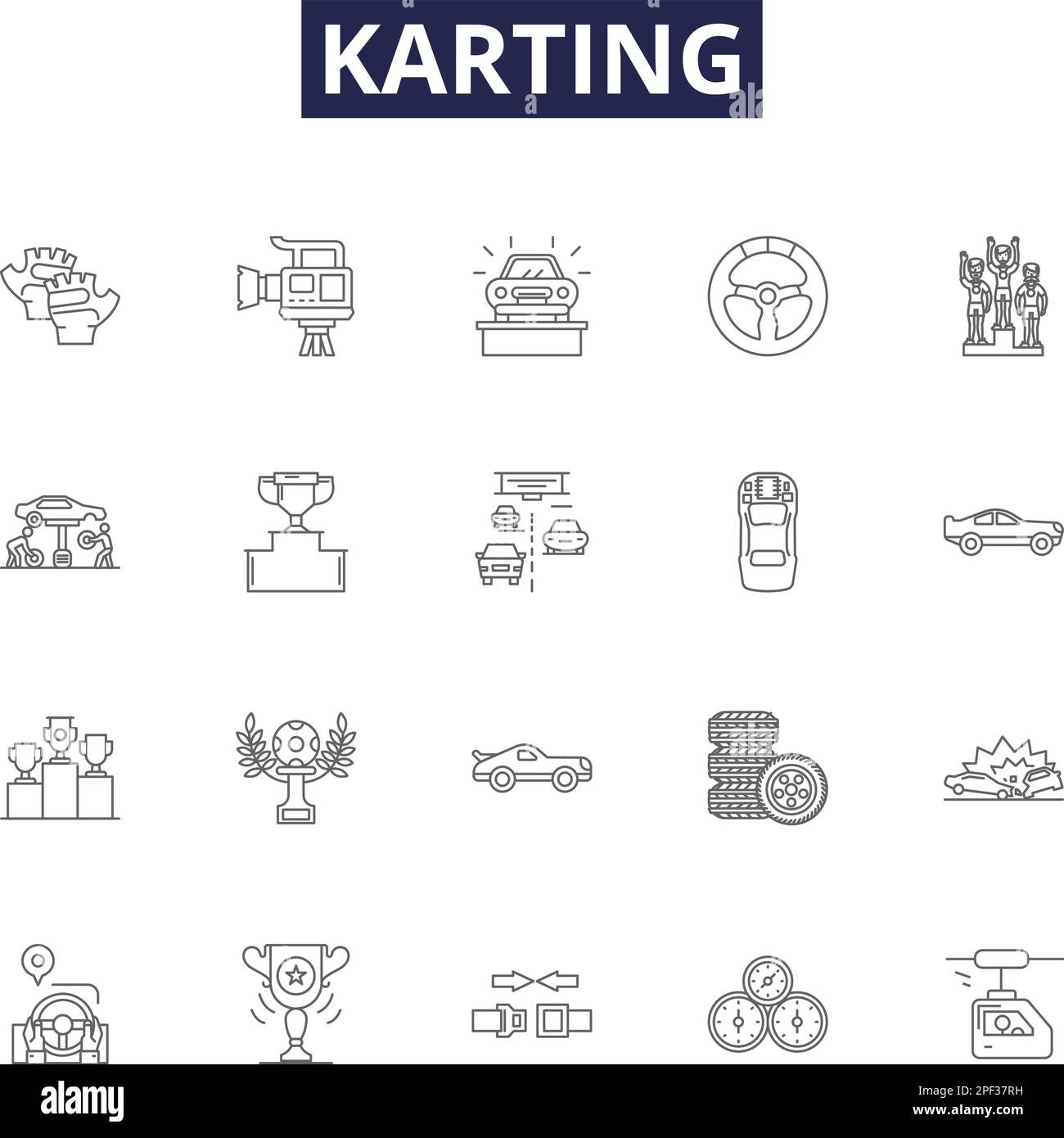 Icônes et signes vectoriels de ligne de karting. Course, Kart, Track, Fast, Fun, Jeu d'illustrations vectorielles Motorsports, Slick, Steering Outline Illustration de Vecteur