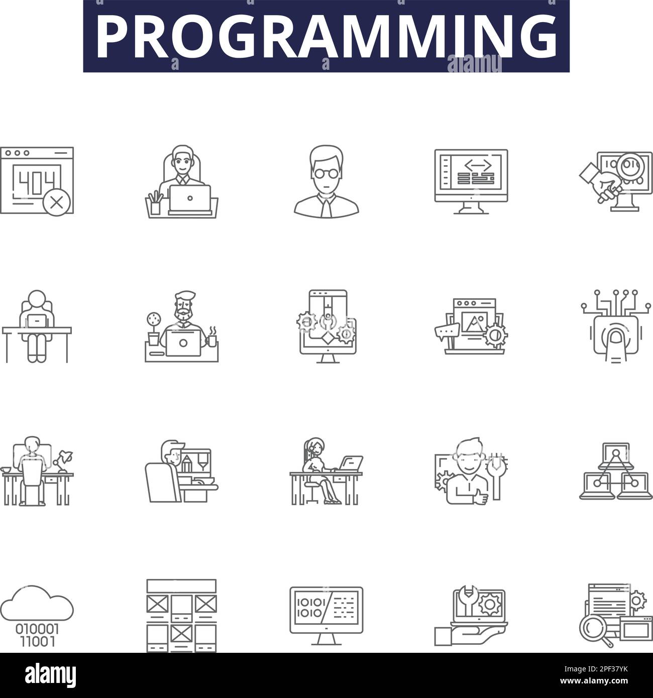 Icônes et signes de vecteur de ligne de programmation. Script, compilation, algorithme, débogage, structuration, Syntaxe, Backend, conception du vecteur de contour Illustration de Vecteur