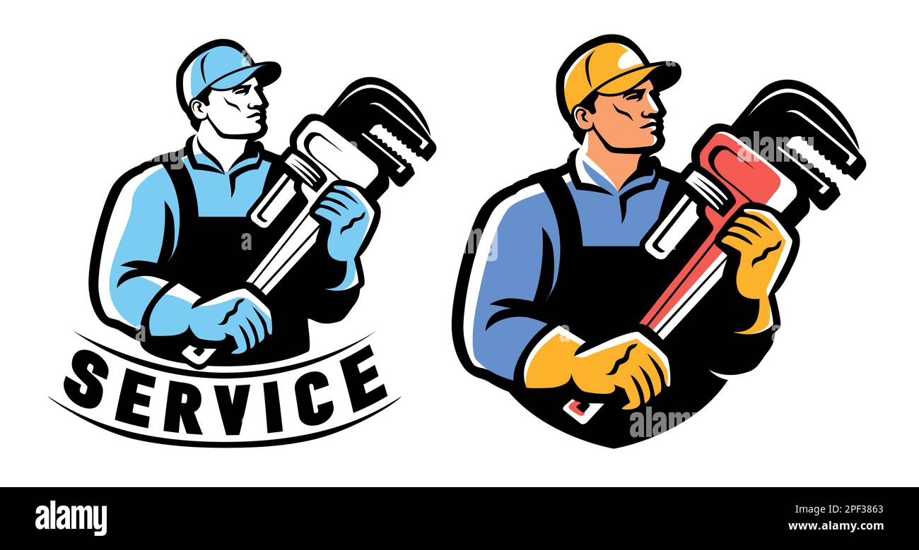 Plombier avec plomberie réglable et clé à pipe. Logo de travail de construction de maison professionnelle. Illustration vectorielle Illustration de Vecteur
