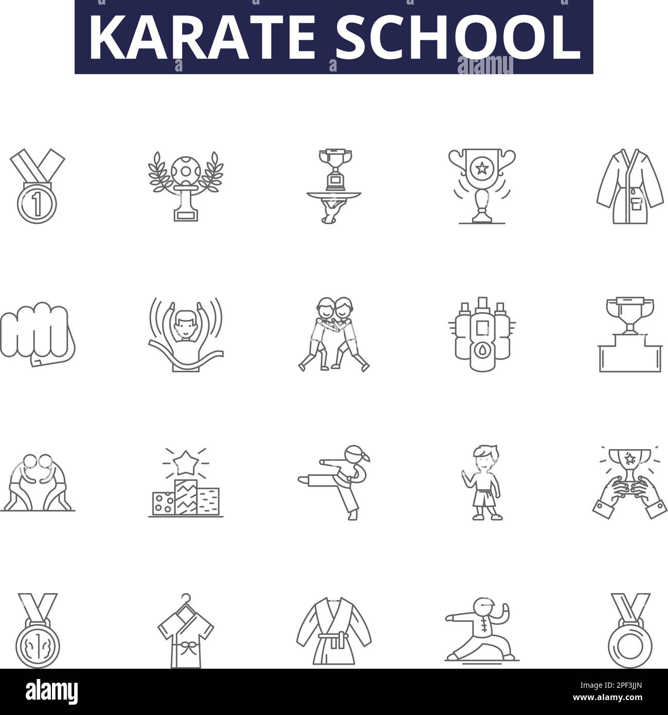 Icônes et signes vectoriels de la ligne scolaire de karaté. École, Dojo, Martial, Arts, formation, Ensemble d'illustrations vectorielles formateur, Programme, cours Illustration de Vecteur