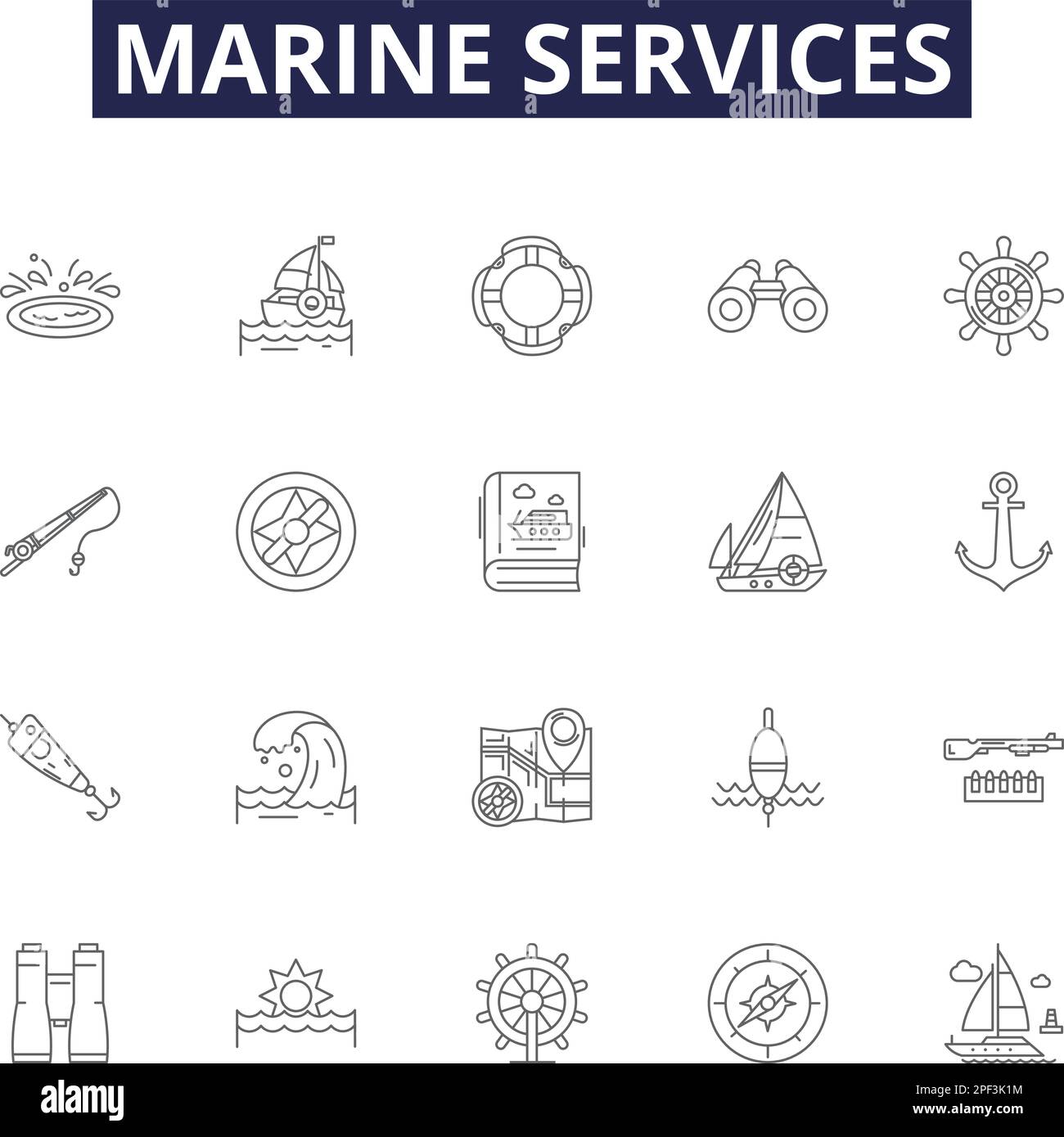 Icônes et signes vectoriels de ligne de services maritimes. Expédition, canotage, pêche, navigation, remorquage, Illustration vectorielle de la récupération, de l'amarrage et des ports Illustration de Vecteur