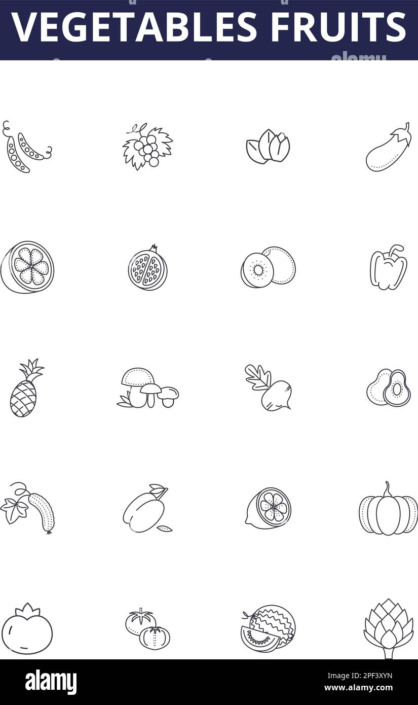 Légumes fruits ligne vecteurs icônes et signes. Oignon, carotte, pomme de terre, avocat, banane, Jeu d'illustrations vectorielles Apple, Pear, Pea Outline Illustration de Vecteur