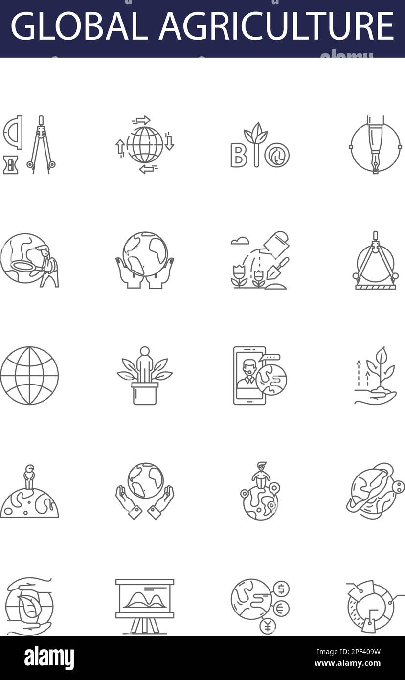 Icônes et signes vectoriels de la ligne agricole mondiale. global, agriculture, cultures, rendement, production, ensemble d'illustrations vectorielles sol, climat, eau Illustration de Vecteur