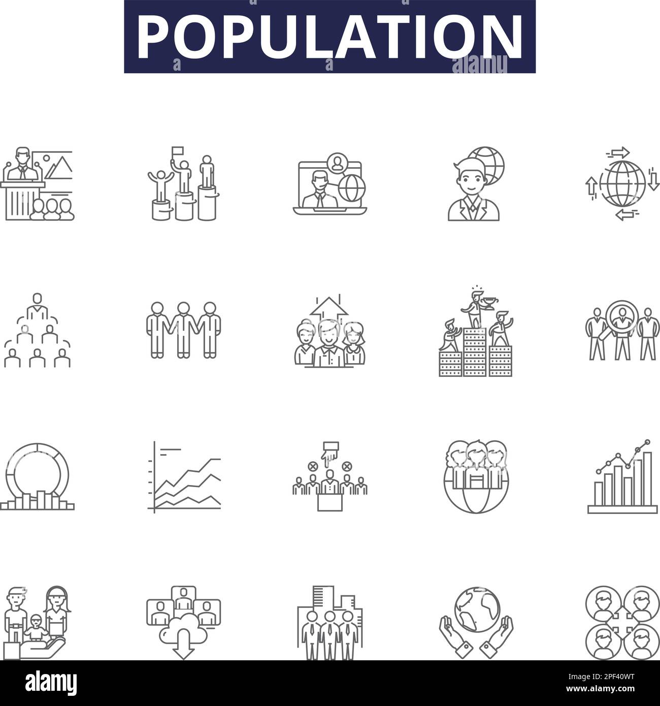 Icônes et signes vectoriels de la ligne de peuplement. Démographie, densité, recensement, population, humain, Ensemble d'illustrations vectorielles taille, Société, habitants Illustration de Vecteur