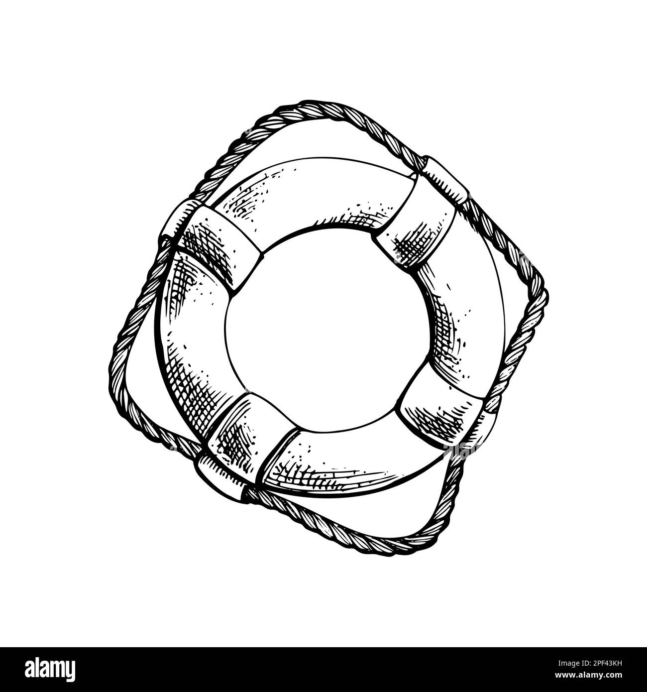 Bouée de sauvetage avec corde. Objet isolé dessiné à la main dans la technique graphique. Illustration vectorielle pour la plage, l'été, la décoration et le design nautiques. Illustration de Vecteur