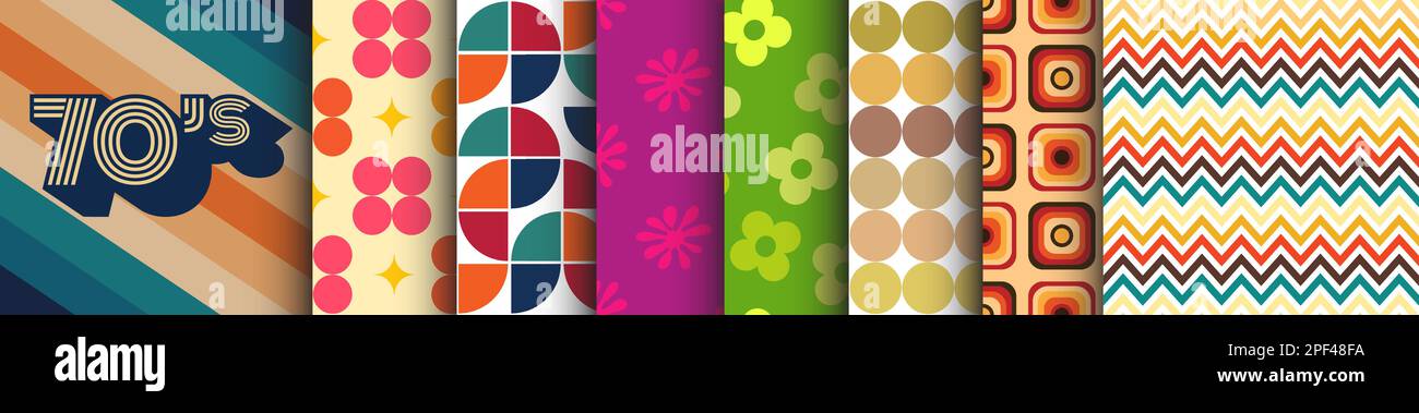 Collection style années 70 de motifs sans couture, décennie Boogie, motifs rétro, ensemble vintage de tissus pour l'habillement, dessins de mode. Contemporain. Illustration de Vecteur