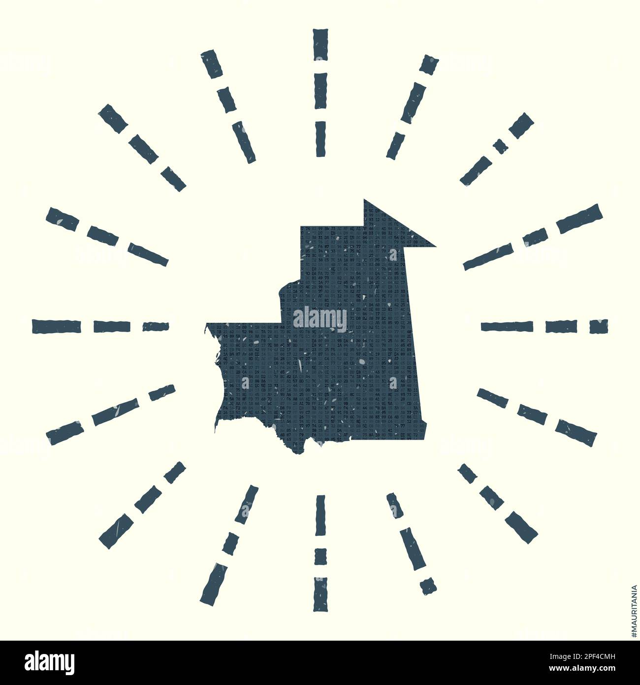 Logo Mauritanie. Affiche grunge Sunburst avec carte du pays. Forme de Mauritanie remplie de chiffres hexagonaux avec des rayons de soleil autour. Illustration de Vecteur