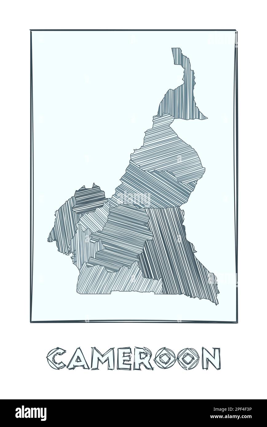 Croquis carte du Cameroun. Carte dessinée à la main en niveaux de gris du pays. Zones remplies de rayures hachurées. Illustration vectorielle. Illustration de Vecteur